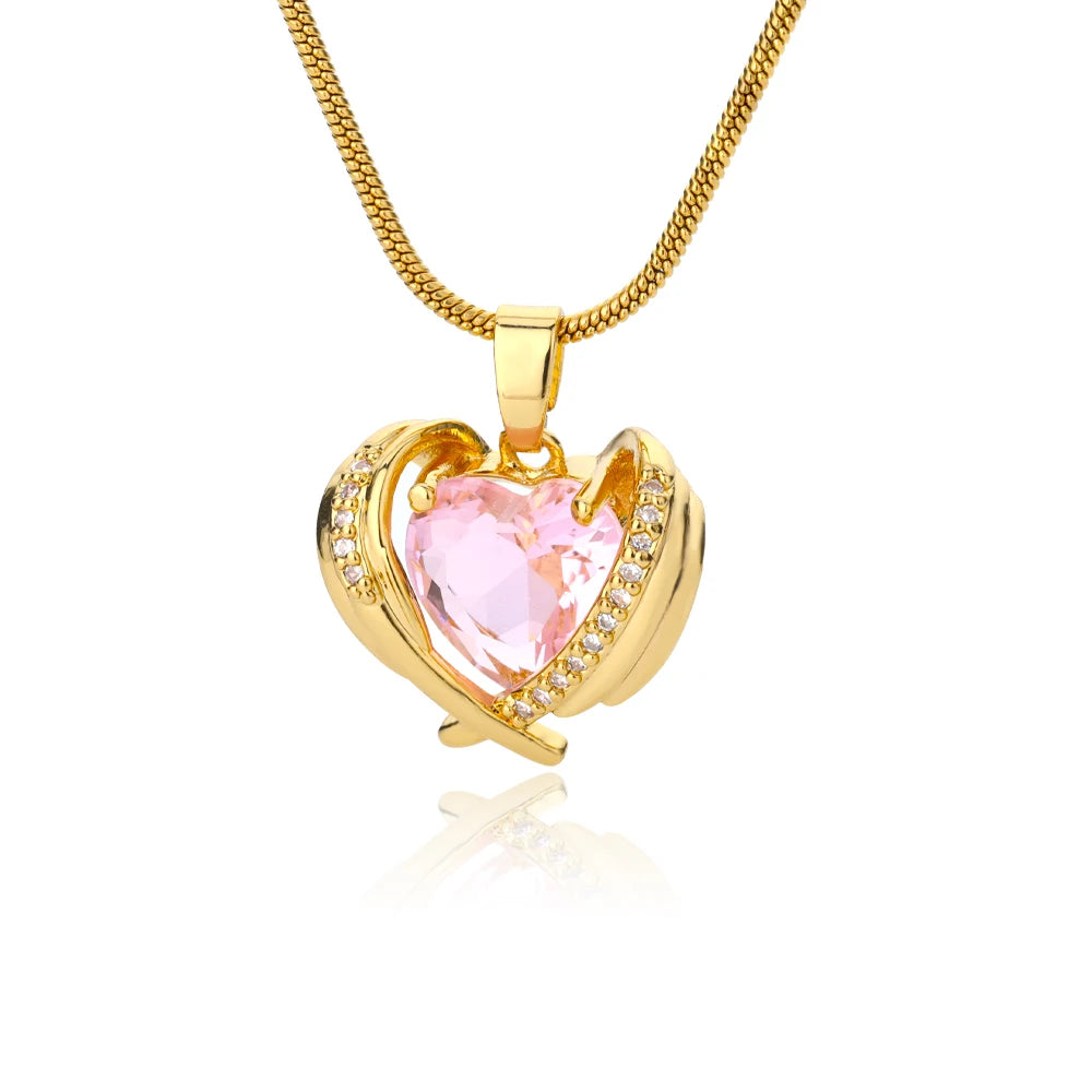 Aço inoxidável Coração Asas Colar Pingente para Mulheres, Bohemia Pink Cubic Zirconia, gargantilha de cristal, Casal Presente Jóias