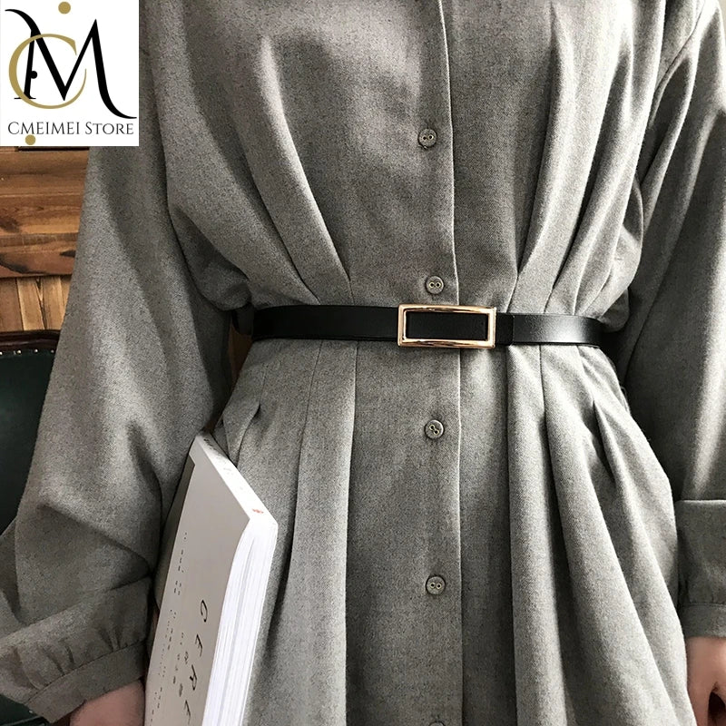 Cinto Elegante de Couro Genuíno com Fivela Dourada