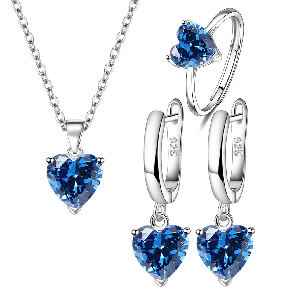 925 Sterling Silver Jewelry Sets para Mulheres, Coração Zircon Anel, Brincos, Colar, Casamento Nupcial, Elegante, Natal, Frete Grátis