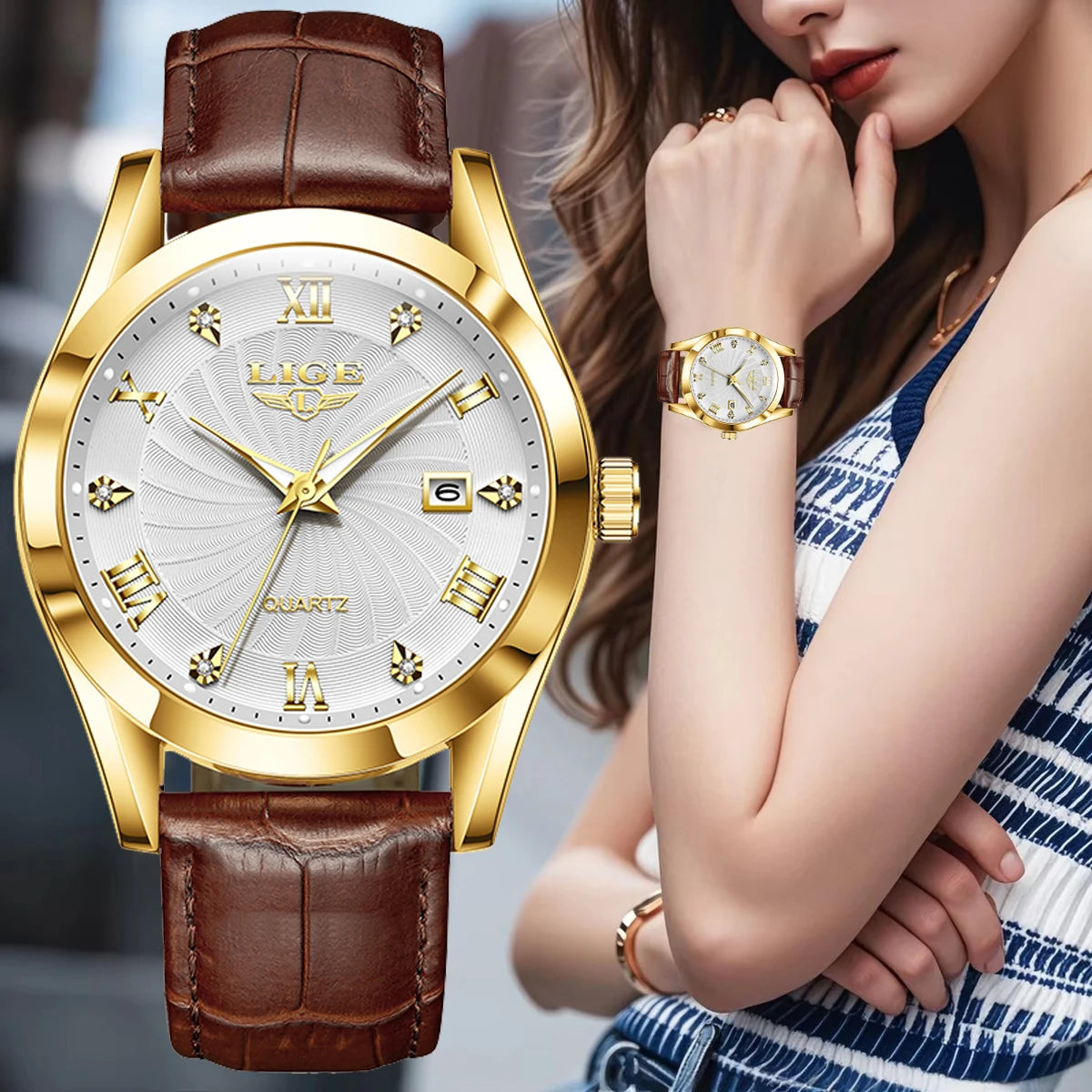 Relógio Feminino Luxo LIGE à Prova D'Água