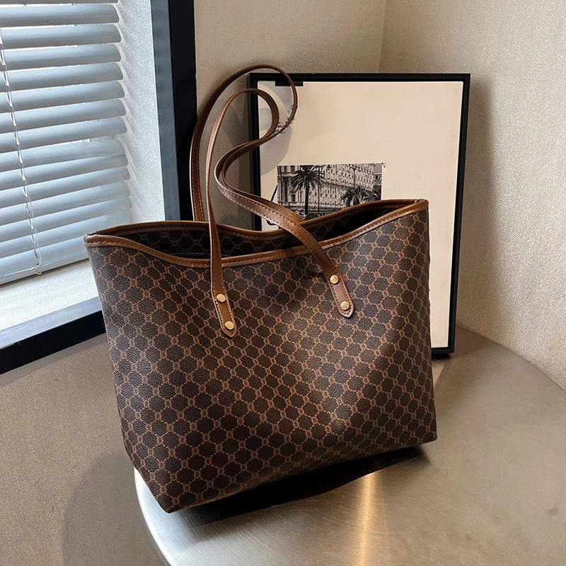 Bolsa de couro PU de grande capacidade para mulheres, bolsa de ombro, sacola versátil, uso casual