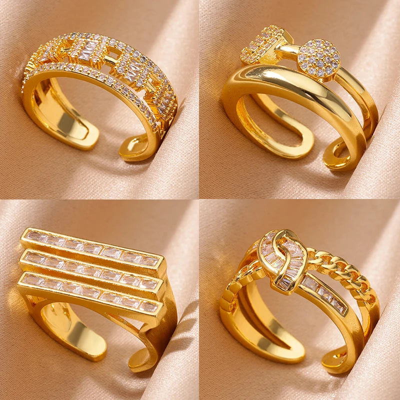 Anel Dourado Geométrico de Dupla Camada Linda Top