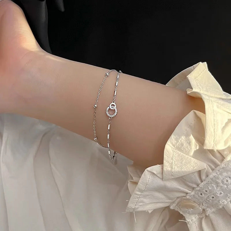 Pulseira de prata esterlina 925 com camada dupla, pulseira de zircônia brilhante para presente de joias da moda feminina