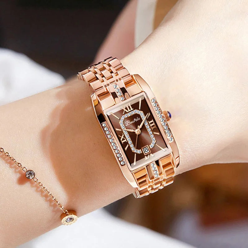 Relógio Feminino Retangular Luxo com Diamantes