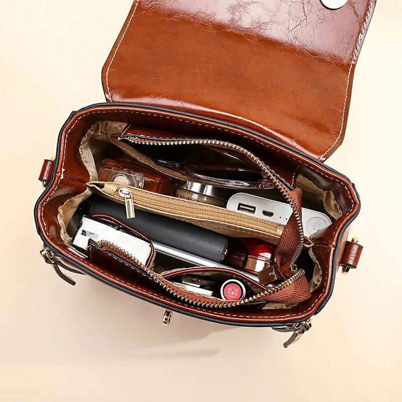 Bolsa de Couro Genuíno Linda Top com Zíper Duplo