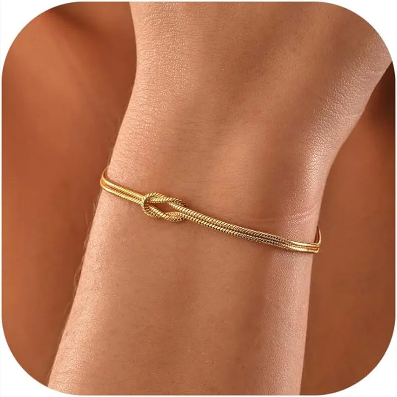 Pulseiras de nó de amor para mulheres 14K banhadas a ouro delicada corrente de cobra pulseira infinita ajustável joias de aço inoxidável presentes