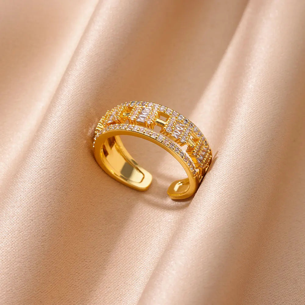 Anéis Geométricos de Dupla Camada para Mulheres, Anel de Casamento Ajustável, Joia Estética, Aço Inoxidável, Cor Dourada, Vintage