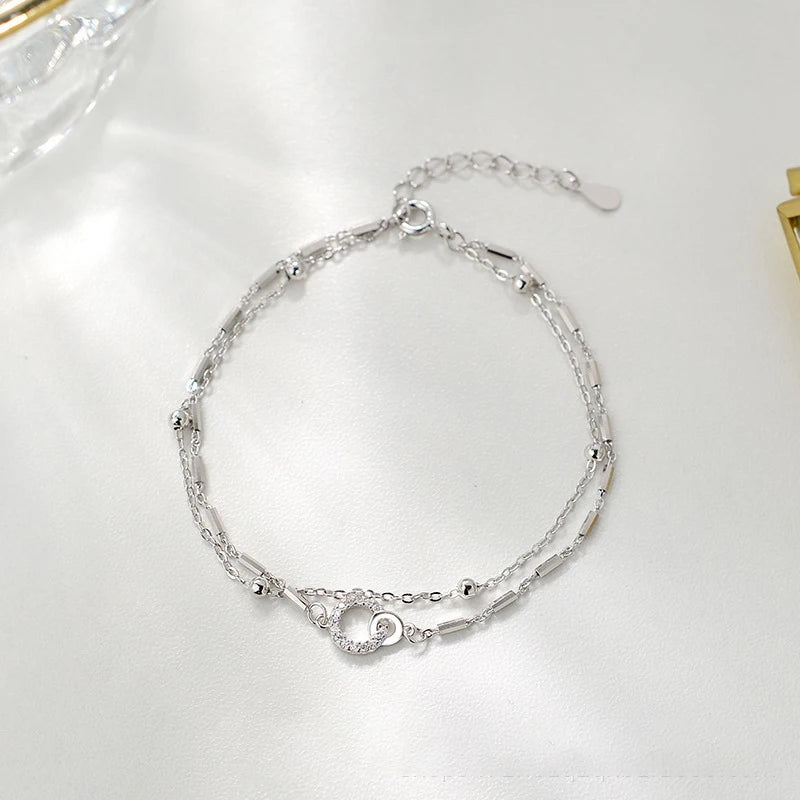 Pulseira de prata esterlina 925 com camada dupla, pulseira de zircônia brilhante para presente de joias da moda feminina