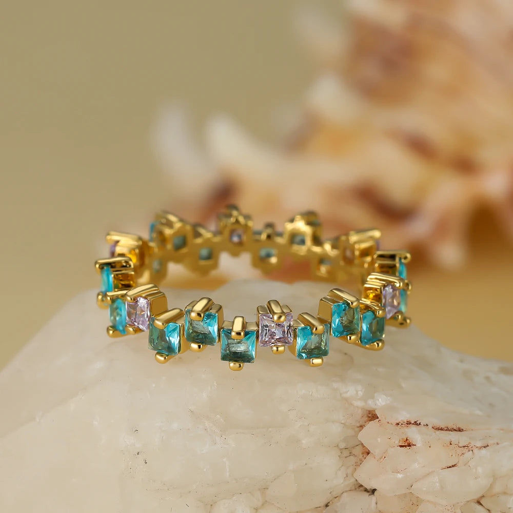 Anel de noivado irregular quadrado zircão para mulheres, anéis femininos vintage, pedra azul real, anel fino, cor dourada antiga, anéis de casamento para mulheres, cz