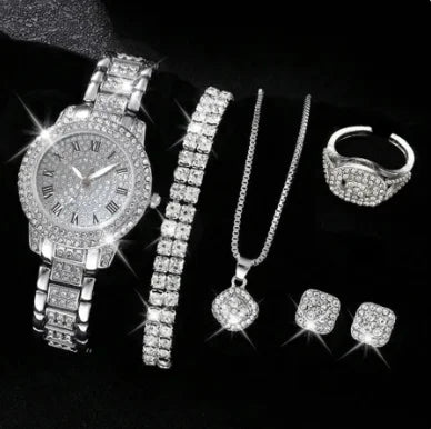 Conjunto Luxuoso de Relógio e Joias com Strass