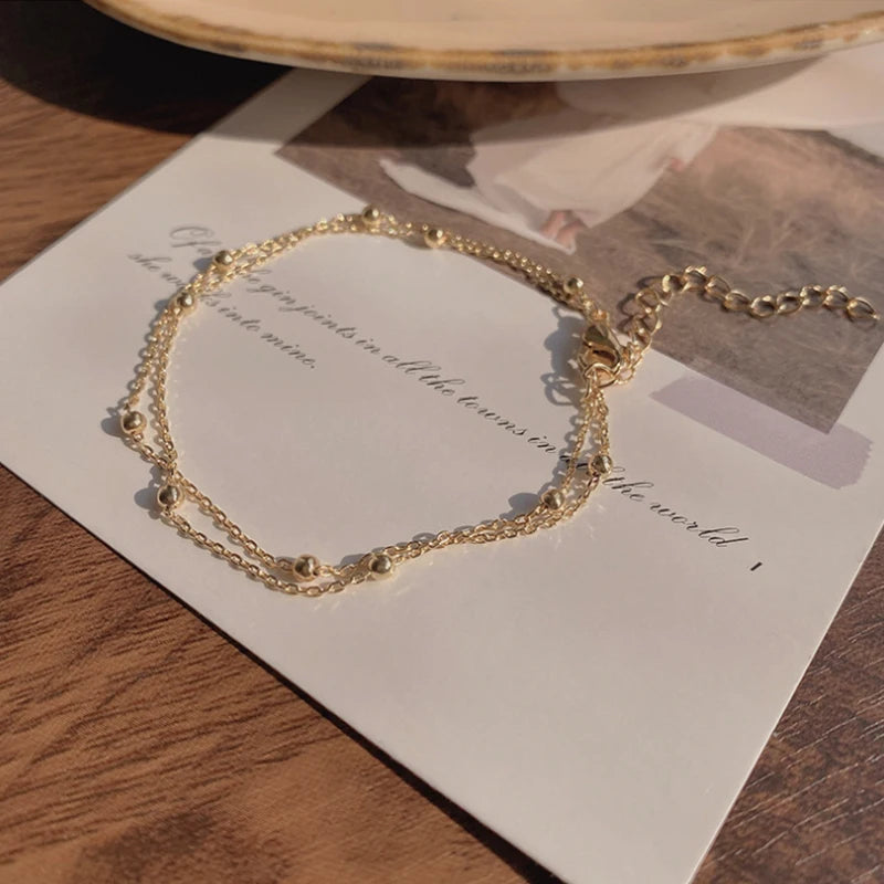 Moda 925 prata esterlina ouro pequeno redondo grânulo pulseira para feminino retro dupla camada pulseira aniversário jóias presente