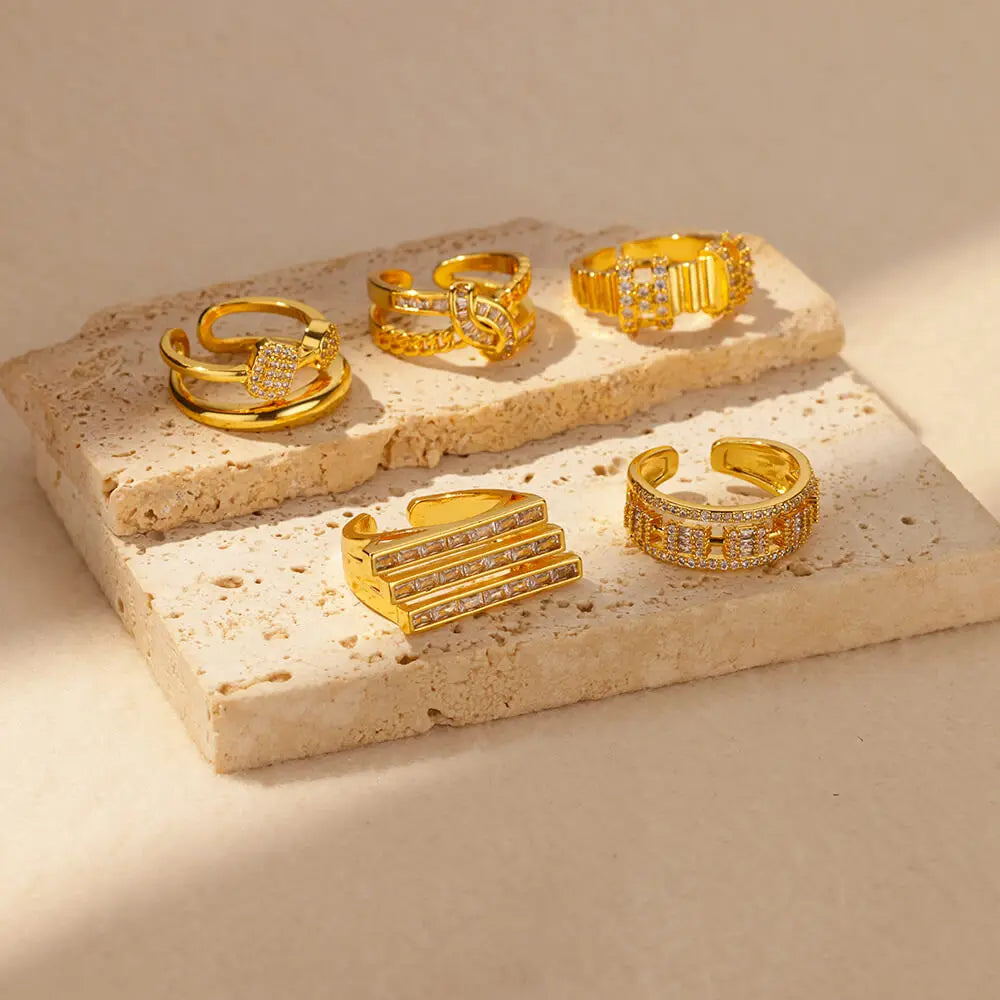 Anel Dourado Geométrico de Dupla Camada Linda Top