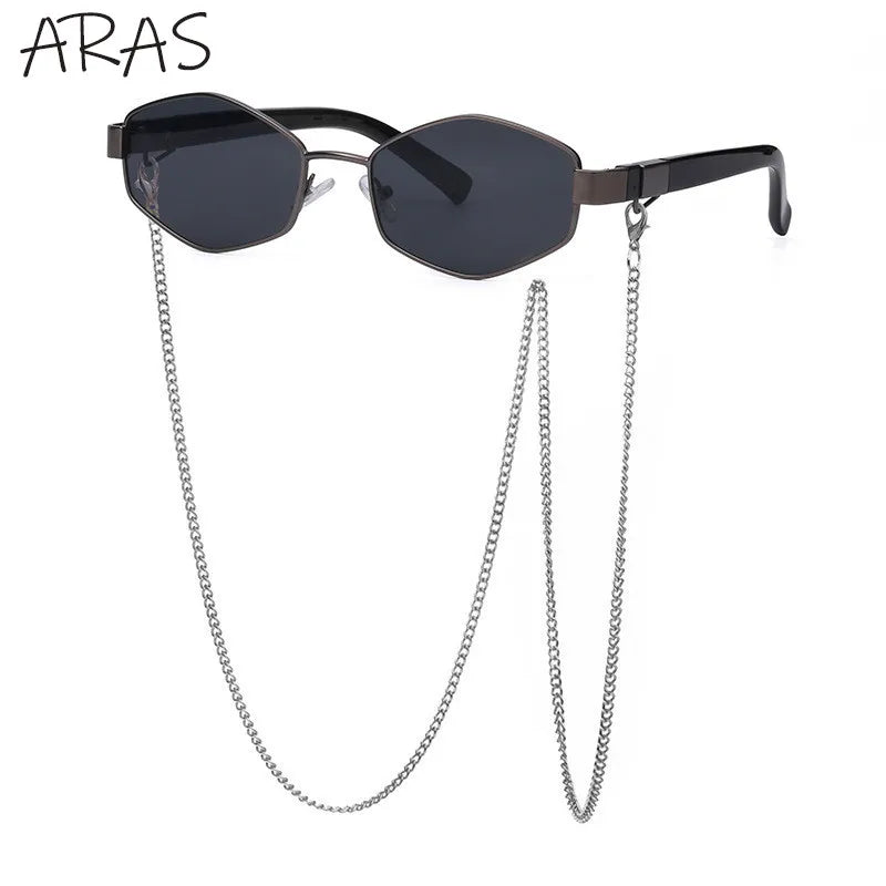 Óculos poligonais femininos, óculos de armação pequena, hexágono retrô da moda com corrente óculos exclusivos, designer da marca, 2023