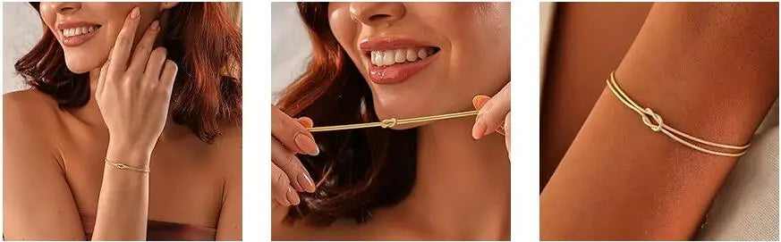 Pulseiras de nó de amor para mulheres 14K banhadas a ouro delicada corrente de cobra pulseira infinita ajustável joias de aço inoxidável presentes