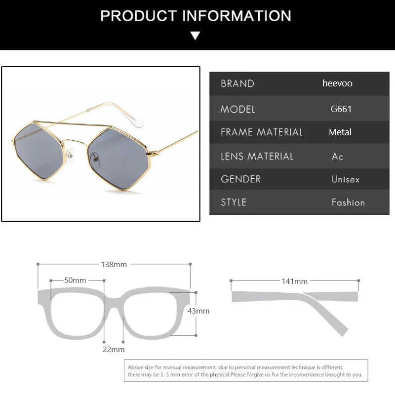 Óculos de sol vintage para mulheres, metal retrô, duplo feixe, óculos Wild Punk, óculos poligonais para o oceano, UV400, moda