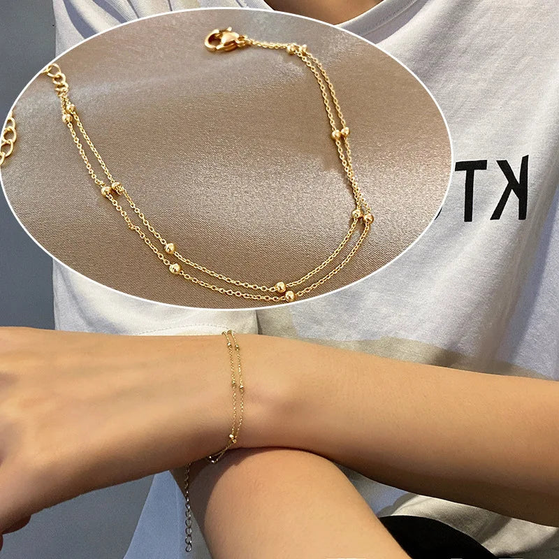Moda 925 prata esterlina ouro pequeno redondo grânulo pulseira para feminino retro dupla camada pulseira aniversário jóias presente