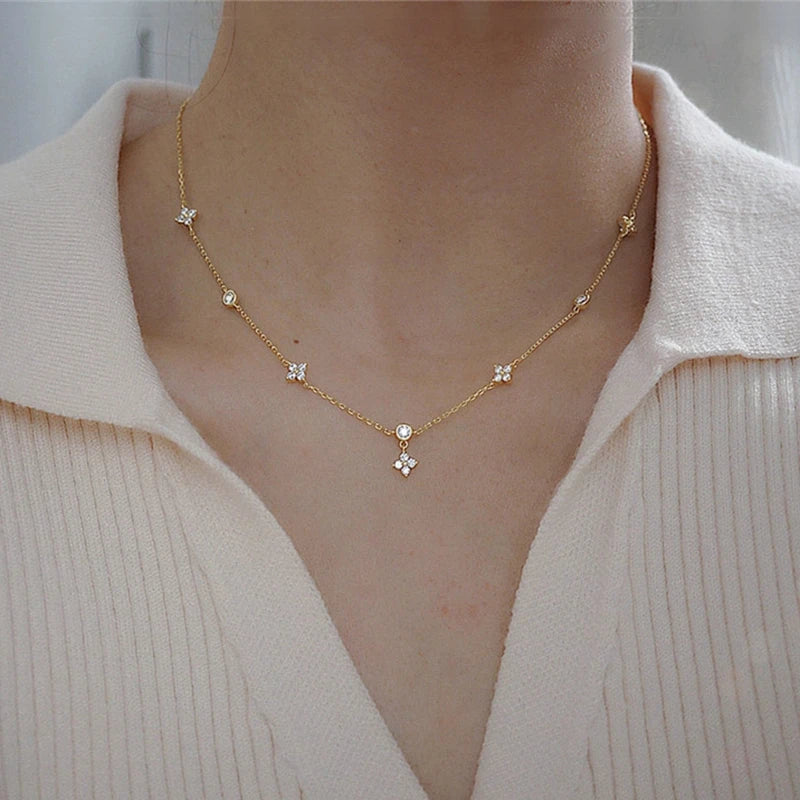 925 prata esterlina quatro folhas flor zircão colar para mulheres gargantilha clavícula corrente jóias finas presente de casamento