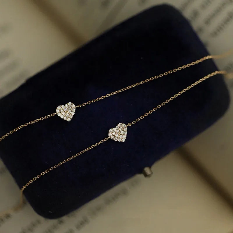 925 prata esterlina banhado 14k ouro pavé zircônia coração pulseira para mulheres coreano jóias delicadas jóias de pulso