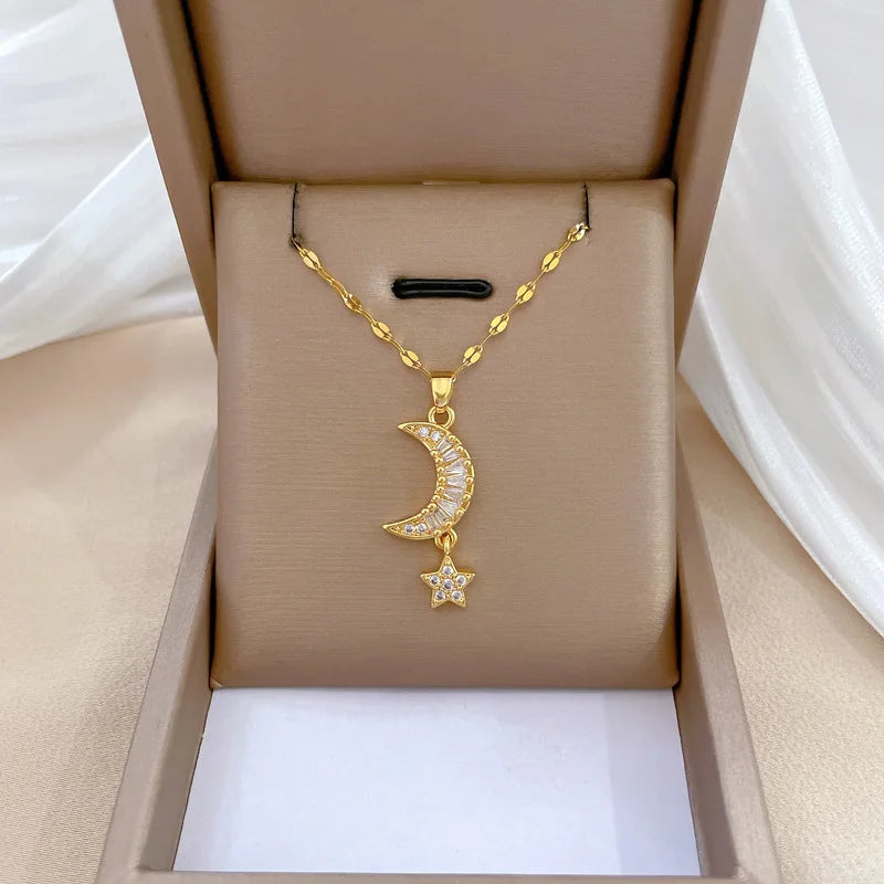 Aço Inoxidável Amor Coração Pérola Colar Pingente para Mulheres, Zircão Brilhante, Lua, Borboleta, Cadeia de Clavícula, Jóias De Casamento Gargantilha