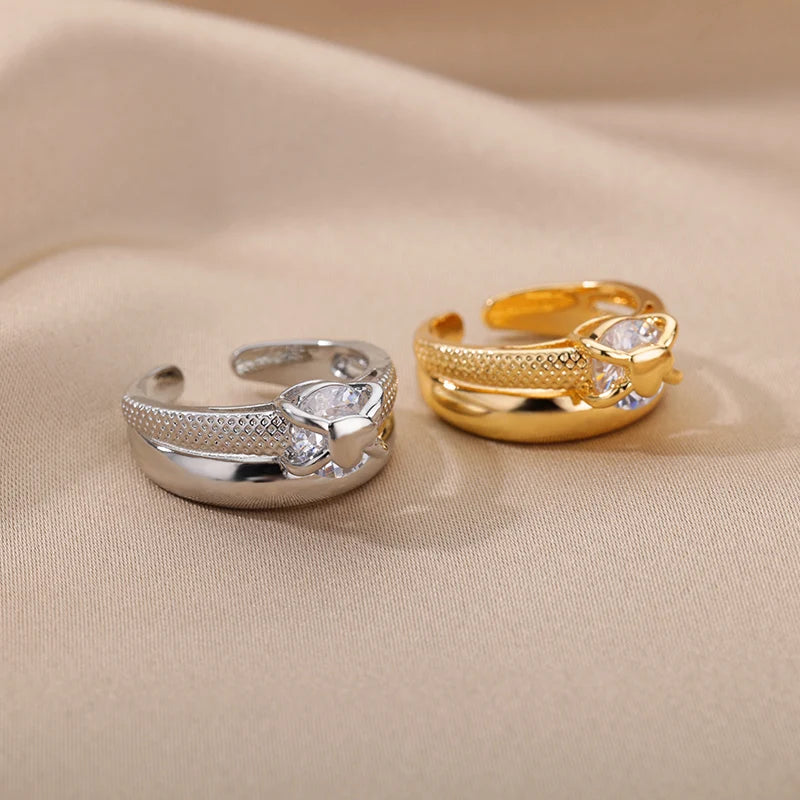 Anel de Coração Luxuoso Banhado a Ouro Ajustável