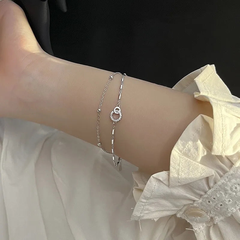 Pulseira de prata esterlina 925 com camada dupla, pulseira de zircônia brilhante para presente de joias da moda feminina