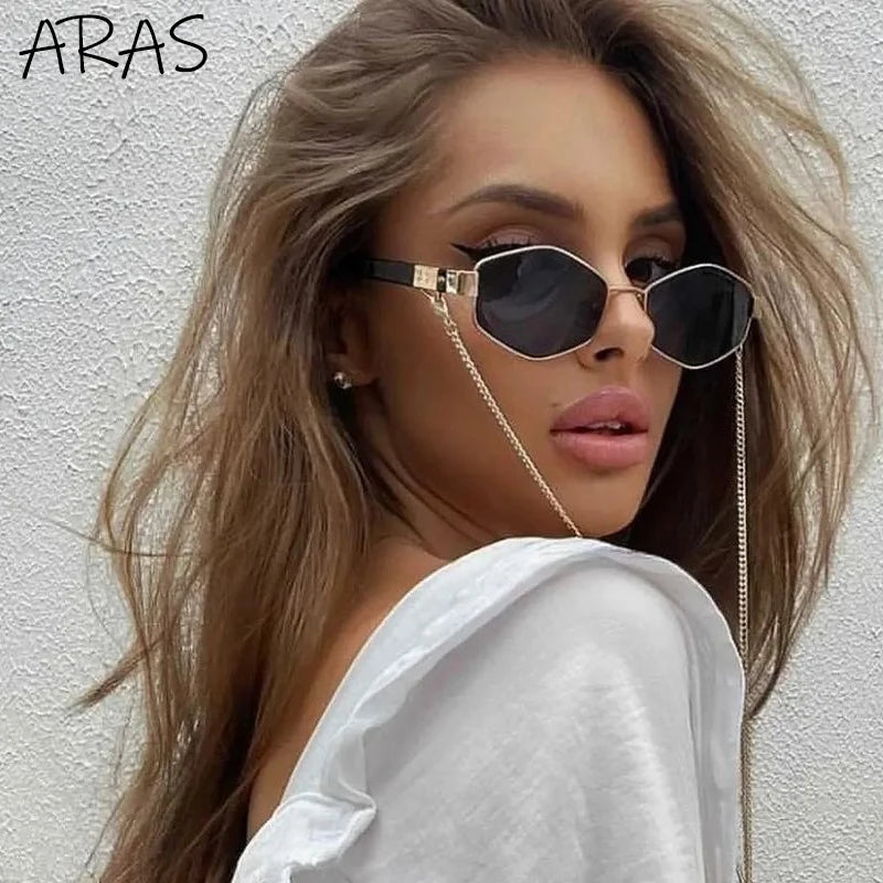 Óculos poligonais femininos, óculos de armação pequena, hexágono retrô da moda com corrente óculos exclusivos, designer da marca, 2023
