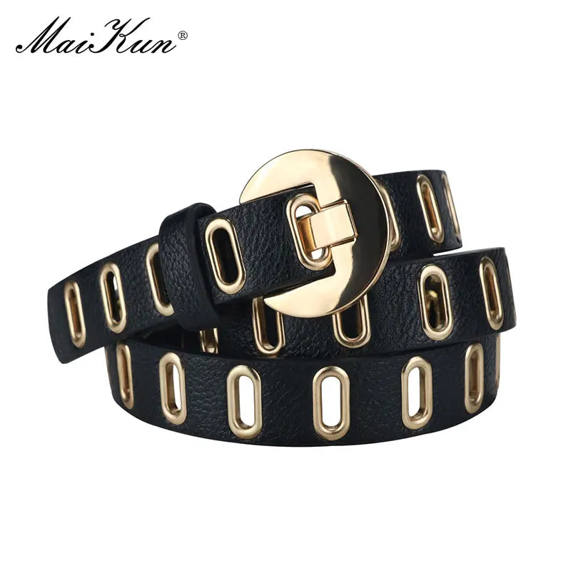 Maikun-Grunge PU cinto de couro com furo ajustável para mulheres, cintos punk, fivela de liga, novo