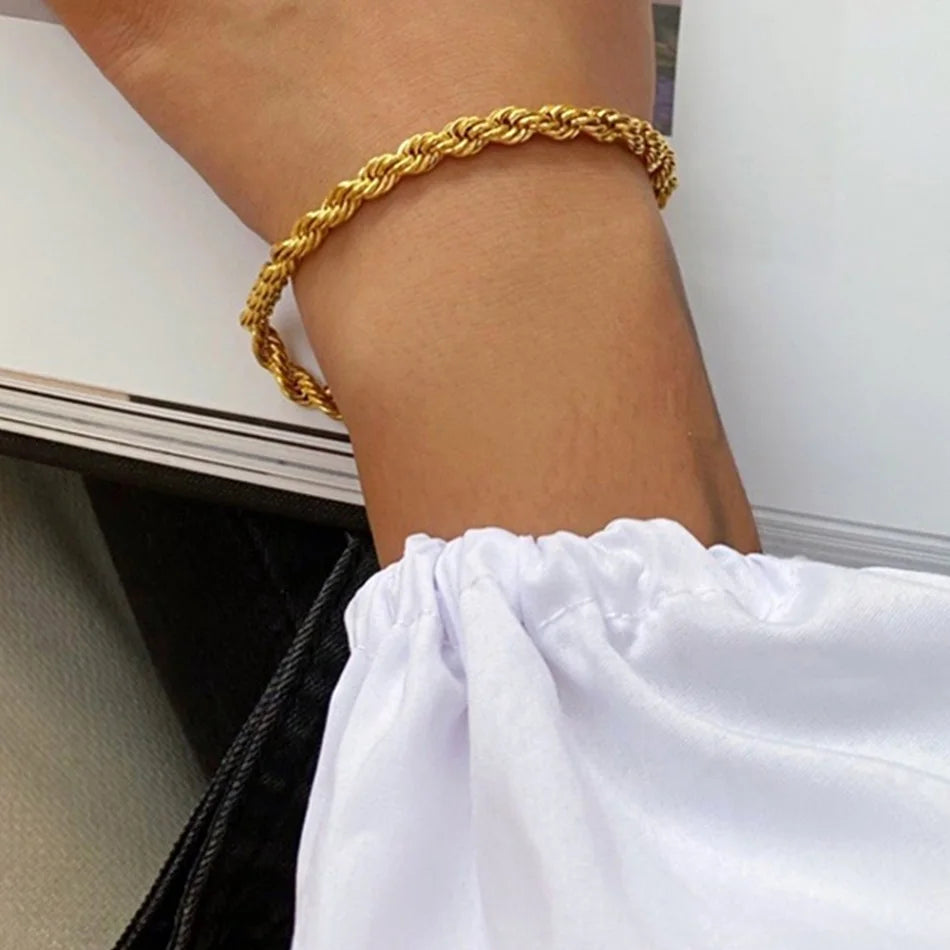 Manco corda torcida chian pulseira para mulher hip hop punk 4mm cor de ouro aço inoxidável colar moda jóias