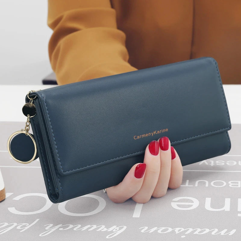 Carteira tripla longa para mulheres, bolsa de couro fresca, porta-cartão, carteira feminina, carta de marca, moda