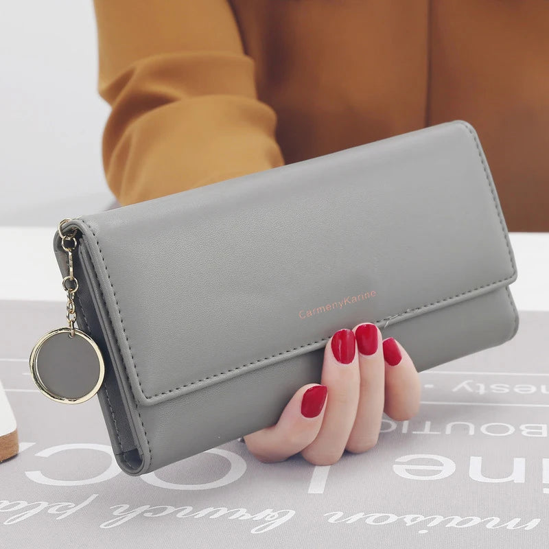 Carteira tripla longa para mulheres, bolsa de couro fresca, porta-cartão, carteira feminina, carta de marca, moda