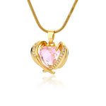 Aço inoxidável Coração Asas Colar Pingente para Mulheres, Bohemia Pink Cubic Zirconia, gargantilha de cristal, Casal Presente Jóias