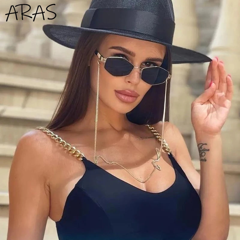 Óculos poligonais femininos, óculos de armação pequena, hexágono retrô da moda com corrente óculos exclusivos, designer da marca, 2023