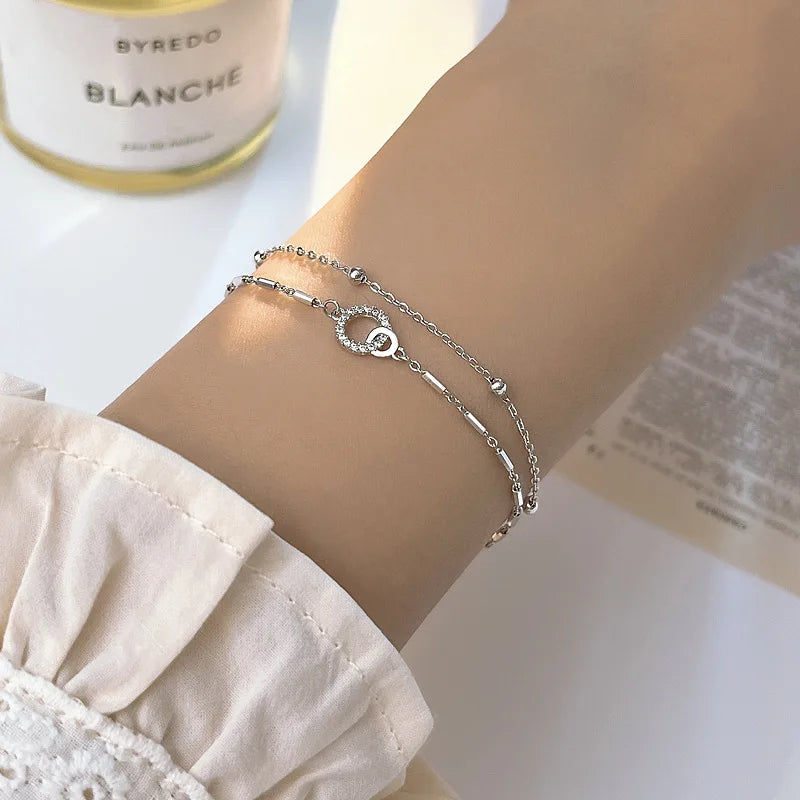 Pulseira de prata esterlina 925 com camada dupla, pulseira de zircônia brilhante para presente de joias da moda feminina