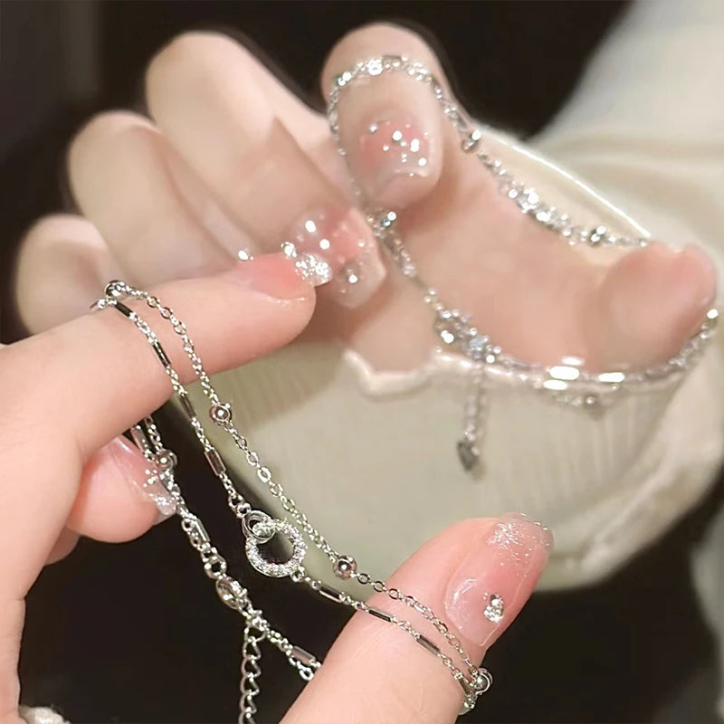Pulseira de prata esterlina 925 com camada dupla, pulseira de zircônia brilhante para presente de joias da moda feminina