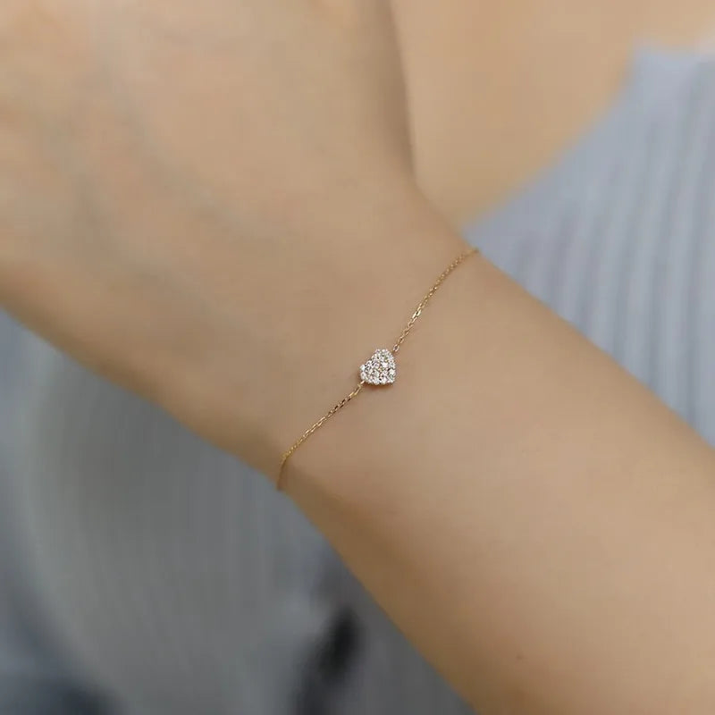 925 prata esterlina banhado 14k ouro pavé zircônia coração pulseira para mulheres coreano jóias delicadas jóias de pulso