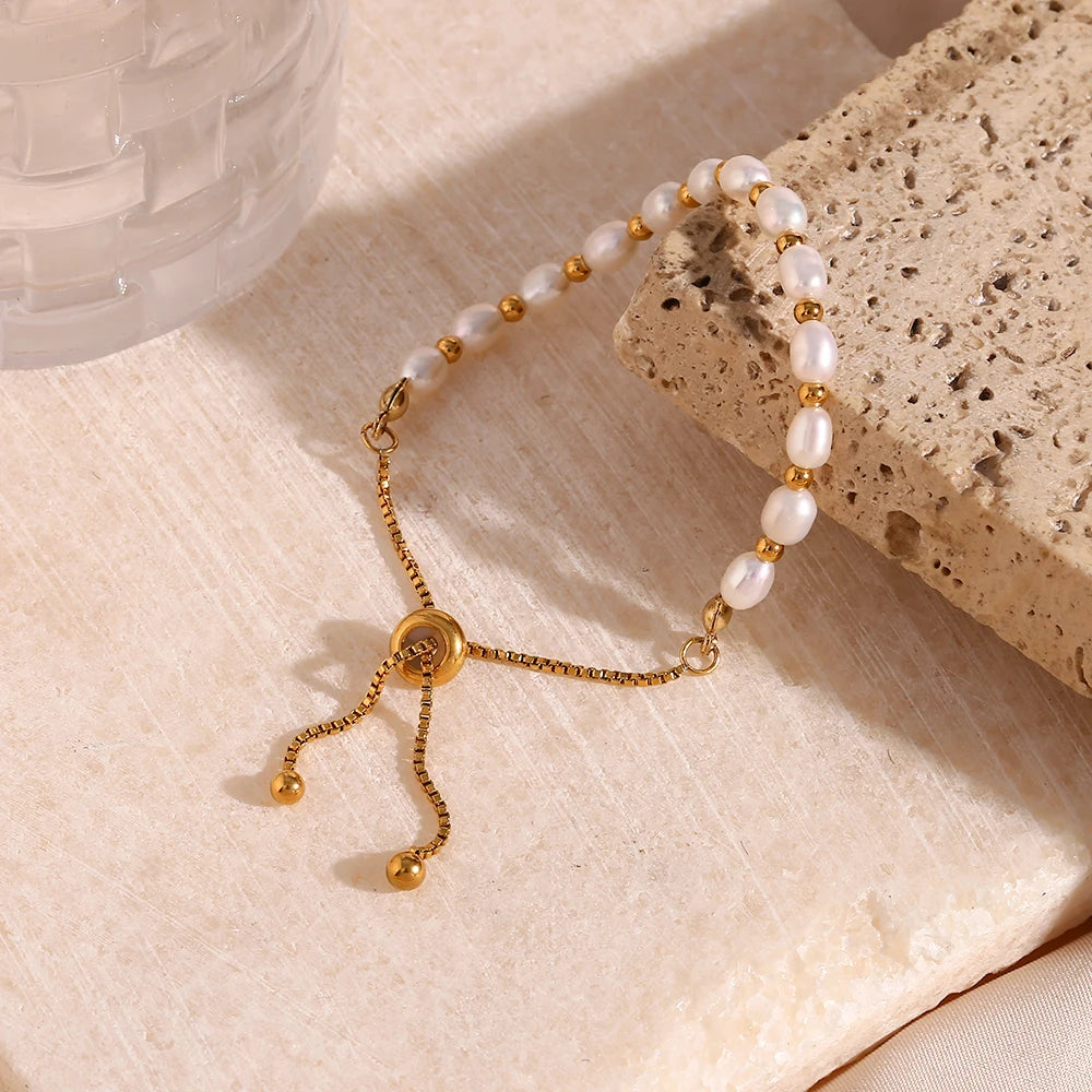 Ebbelle contas de cor dourada pérolas de água doce misturadas ajustáveis pulseira de corrente de aço inoxidável pulseiras para mulheres joias elegantes