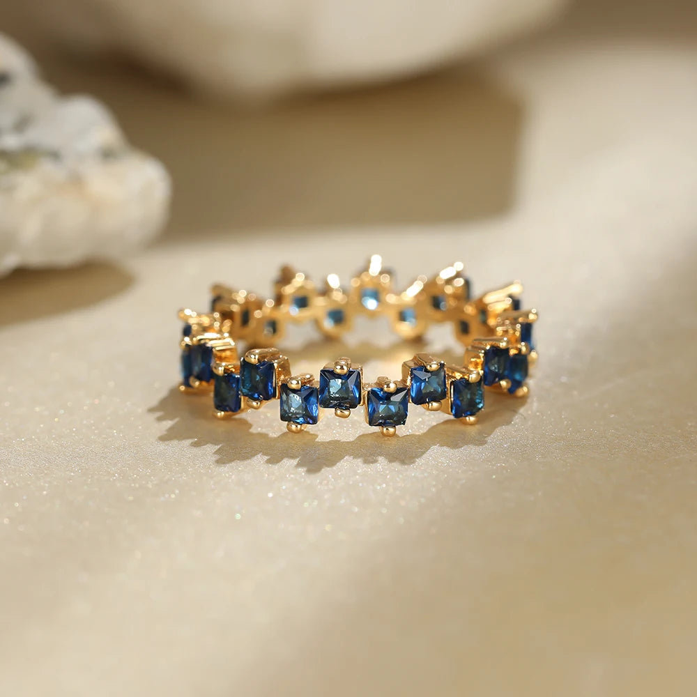 Anel de noivado irregular quadrado zircão para mulheres, anéis femininos vintage, pedra azul real, anel fino, cor dourada antiga, anéis de casamento para mulheres, cz