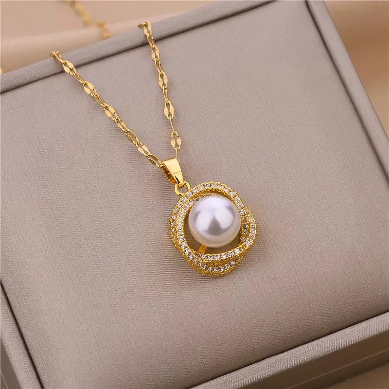 18k banhado a ouro colares pingente de pérola imitação para mulheres, corrente de clavícula em aço inoxidável, moda retro, moda luxuosa, nova