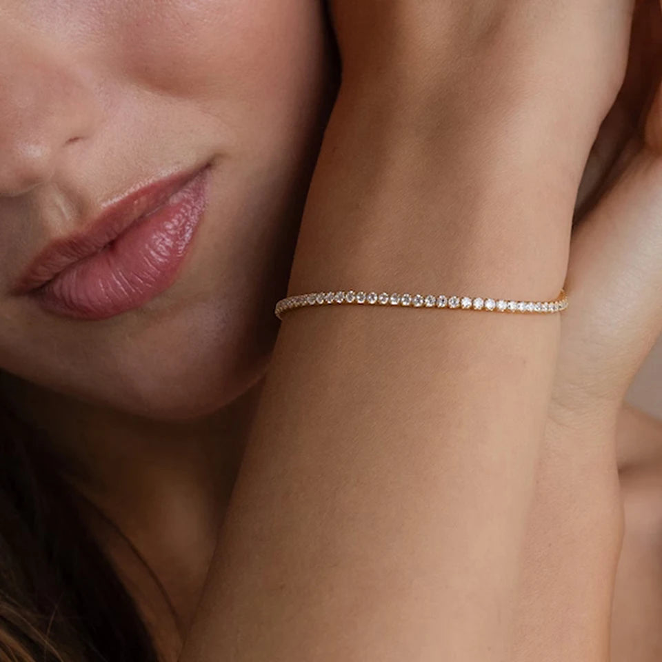 Manco pulseira brilhante banhada a ouro de aço inoxidável, zircônia branca de alta qualidade, fileira única, acessório simples para meninas