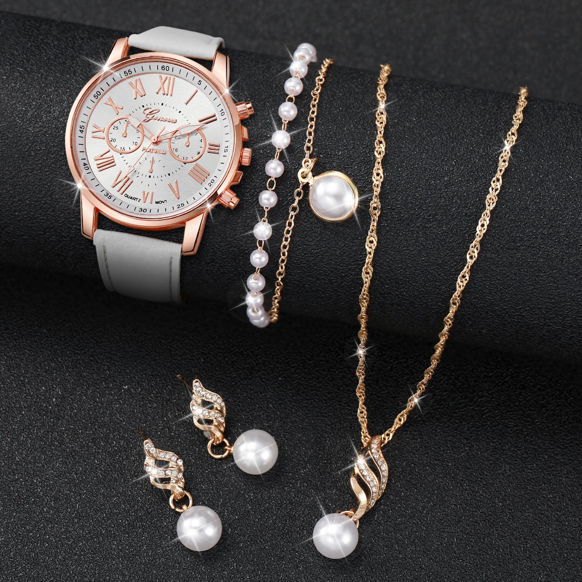 Relógio de quartzo feminino com mostrador Roma, pulseira de couro, conjunto de joias sem caixa de pérolas, fashion, 5 peças por conjunto