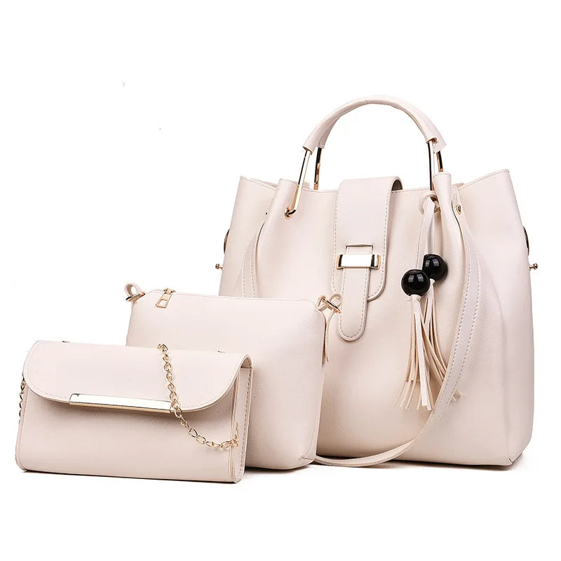 Bolsa de ombro PU monocromática simples para mulheres, bolsas crossbody para senhoras, borla, bolsa versátil, terno da moda, 3 peças por conjunto