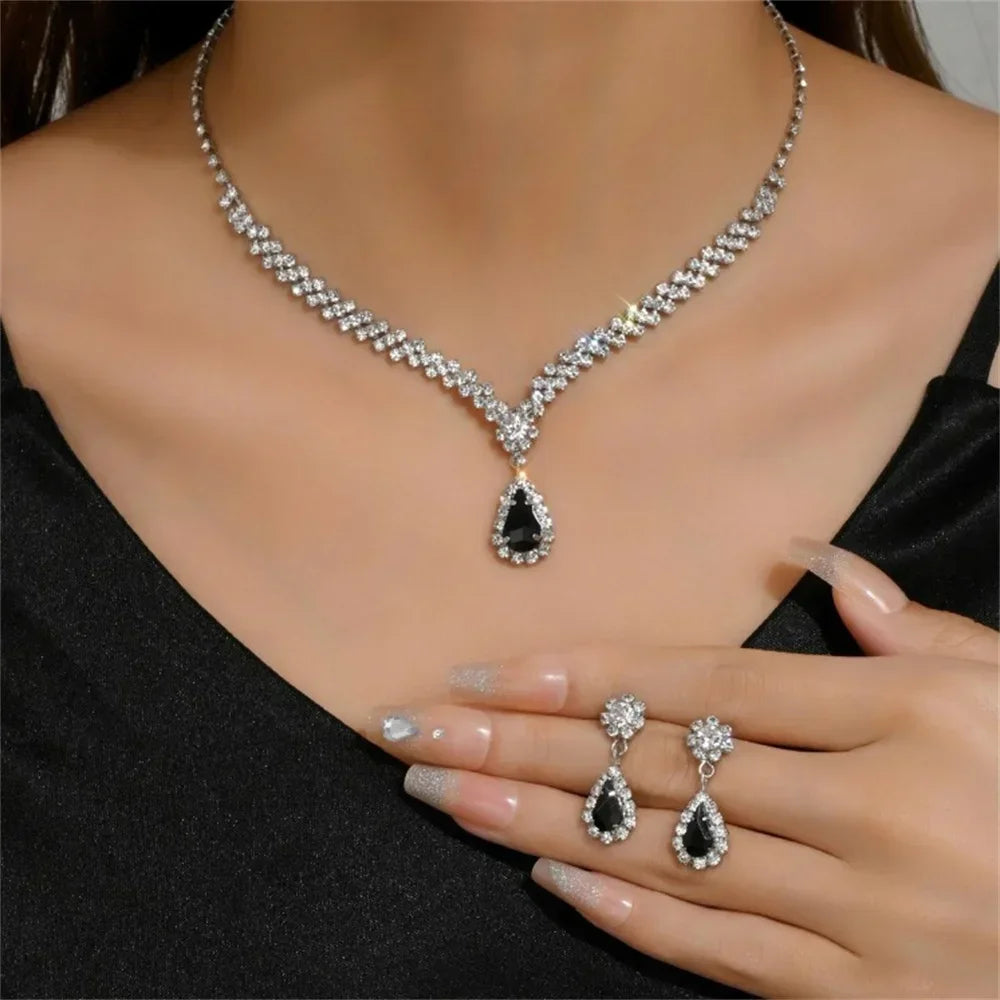 Cristal Colar e Brincos Conjunto para Mulheres, Pingente Gota de Água, Cadeia Clavícula, Luxuoso Festa Jóias, Acessórios do Casamento, Noiva