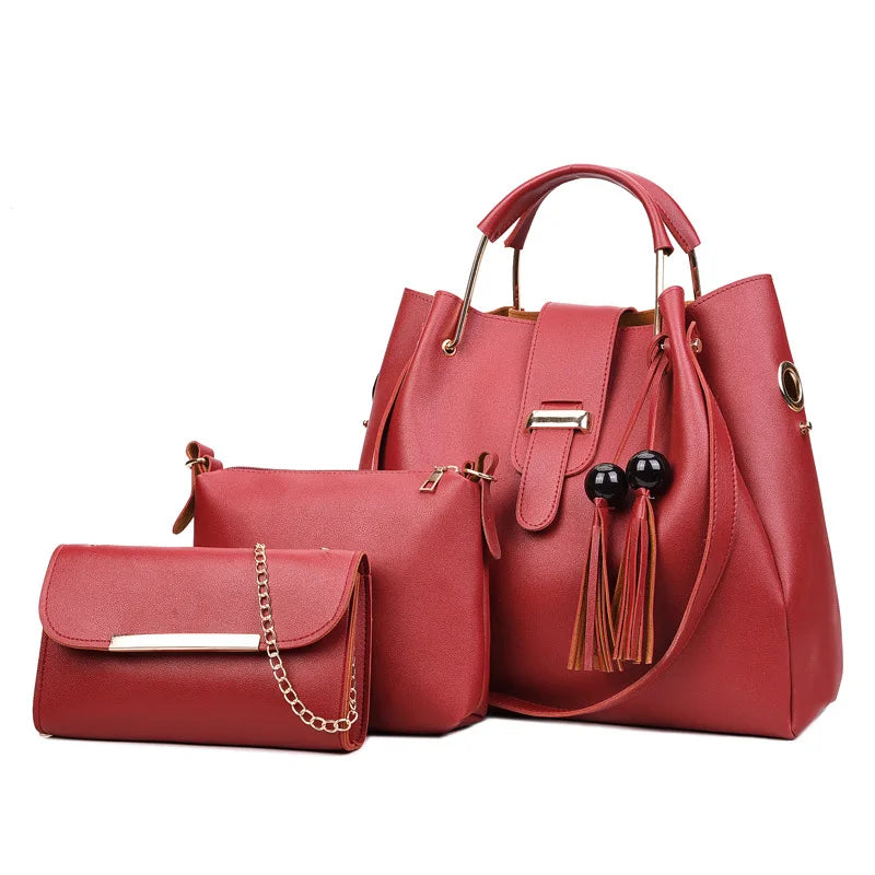 Bolsa de ombro PU monocromática simples para mulheres, bolsas crossbody para senhoras, borla, bolsa versátil, terno da moda, 3 peças por conjunto