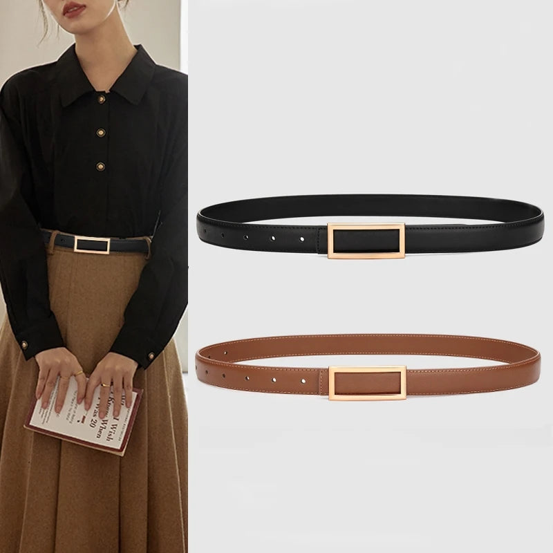 Cinto Elegante de Couro Genuíno com Fivela Dourada