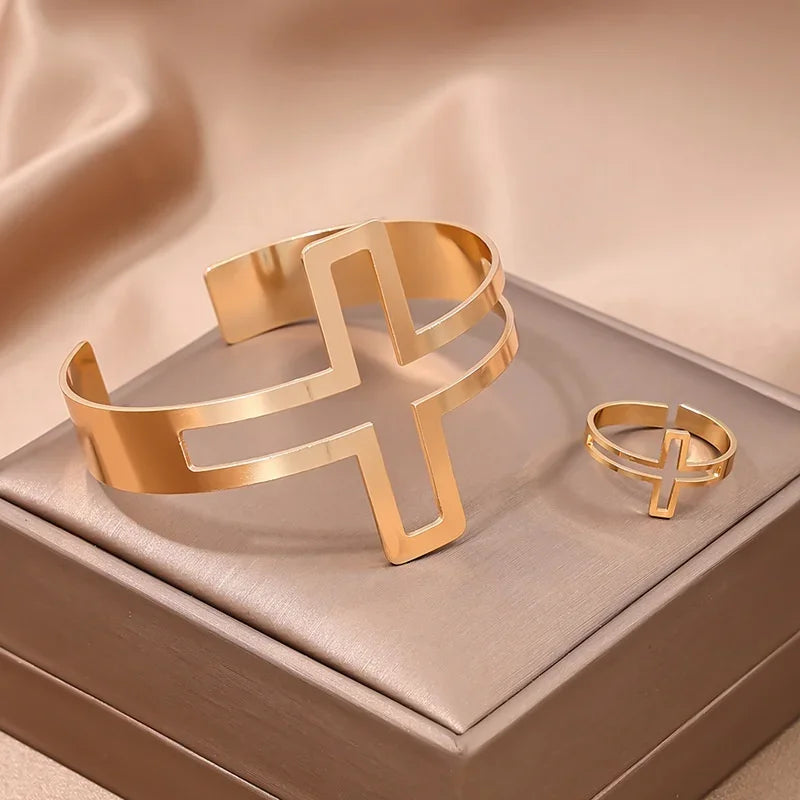 Conjunto Elegante de Anel e Pulseira Geométrica Linda Top
