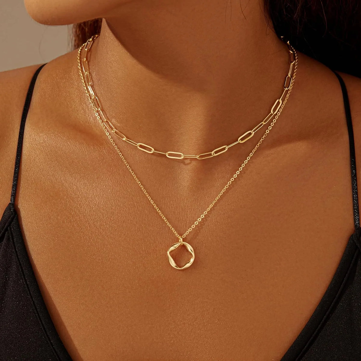 Colares de ouro em camadas para mulheres empilháveis14k ouro prata banhado círculo clipe de papel corrente pingente gargantilha colar conjunto para mulher