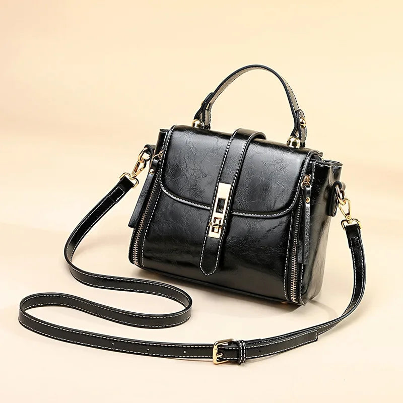 Bolsa de Couro Genuíno Linda Top com Zíper Duplo