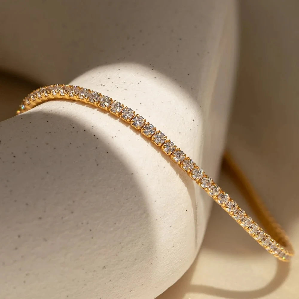 Manco pulseira brilhante banhada a ouro de aço inoxidável, zircônia branca de alta qualidade, fileira única, acessório simples para meninas