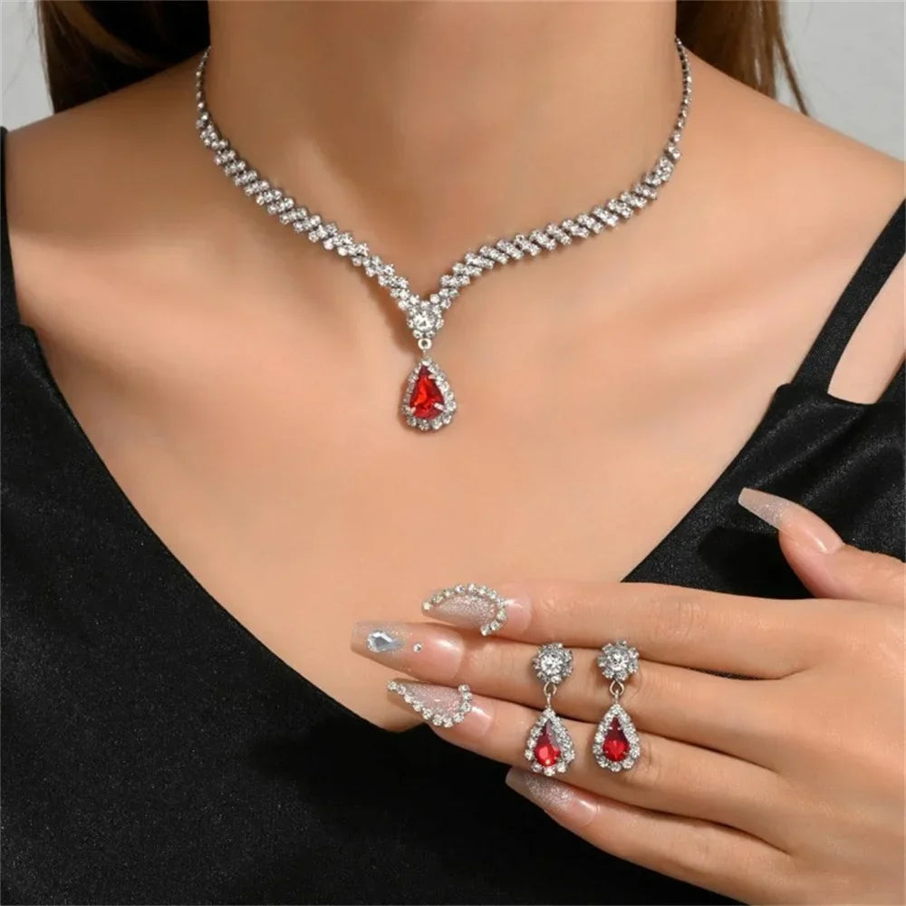Cristal Colar e Brincos Conjunto para Mulheres, Pingente Gota de Água, Cadeia Clavícula, Luxuoso Festa Jóias, Acessórios do Casamento, Noiva