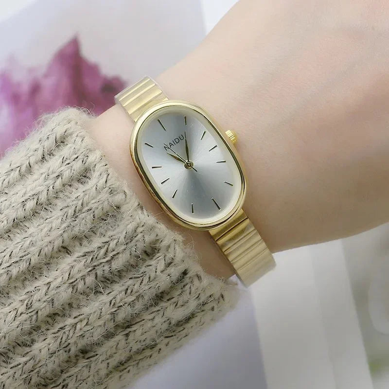 Relógio Feminino Oval de Luxo com Pulseira de Aço Inoxidável